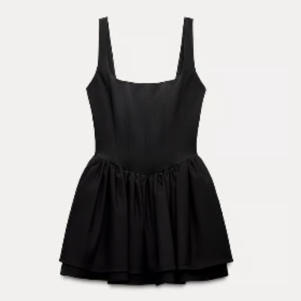 Zara Ruched Corset Dress Black Square Neck V-Waist Size L - Picture 5 of 15